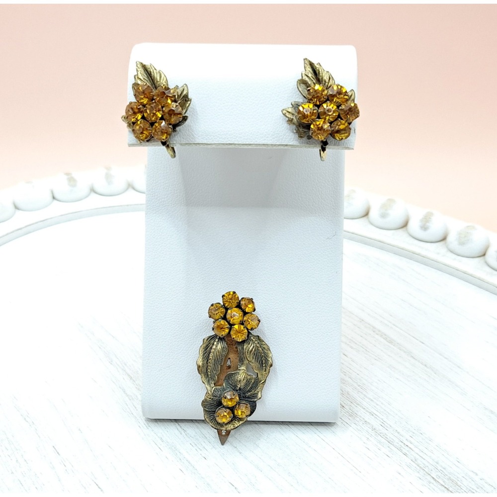 Vintage Art Deco Floral Dress Clip and Screwback Earrings Set Orange Rhinestones - Picture 3 of 8